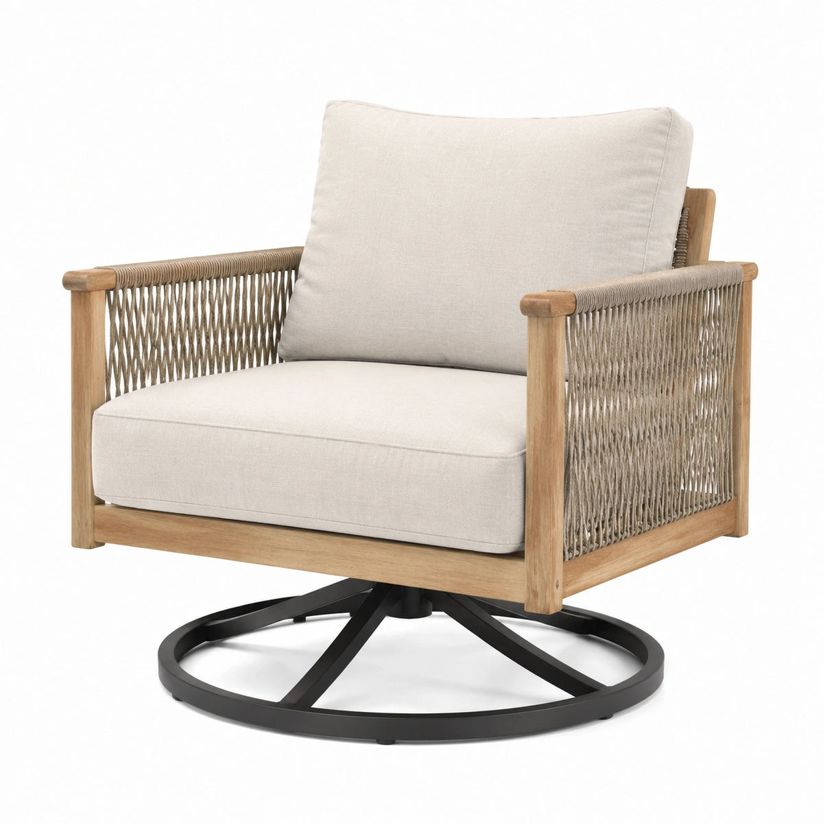Fauteuil de jardin pivotant 82 x 80 x 86 cm en bois et corde beige style naturel