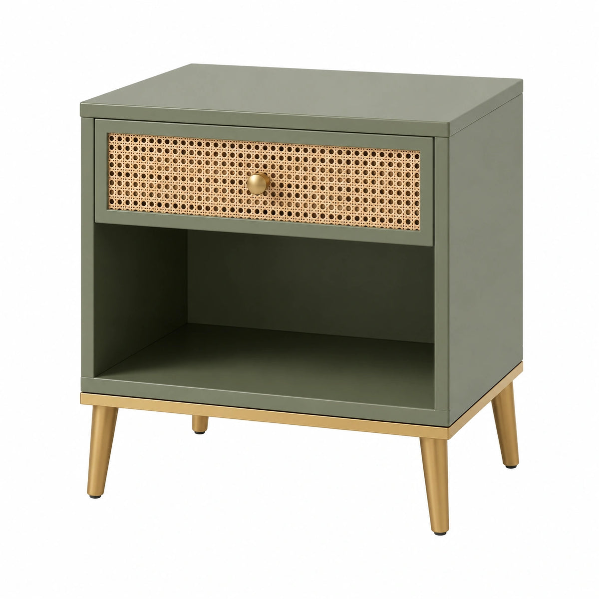 Table de chevet 45 x 40 x 60 cm bois vert kaki avec tiroir en rotin style rétro