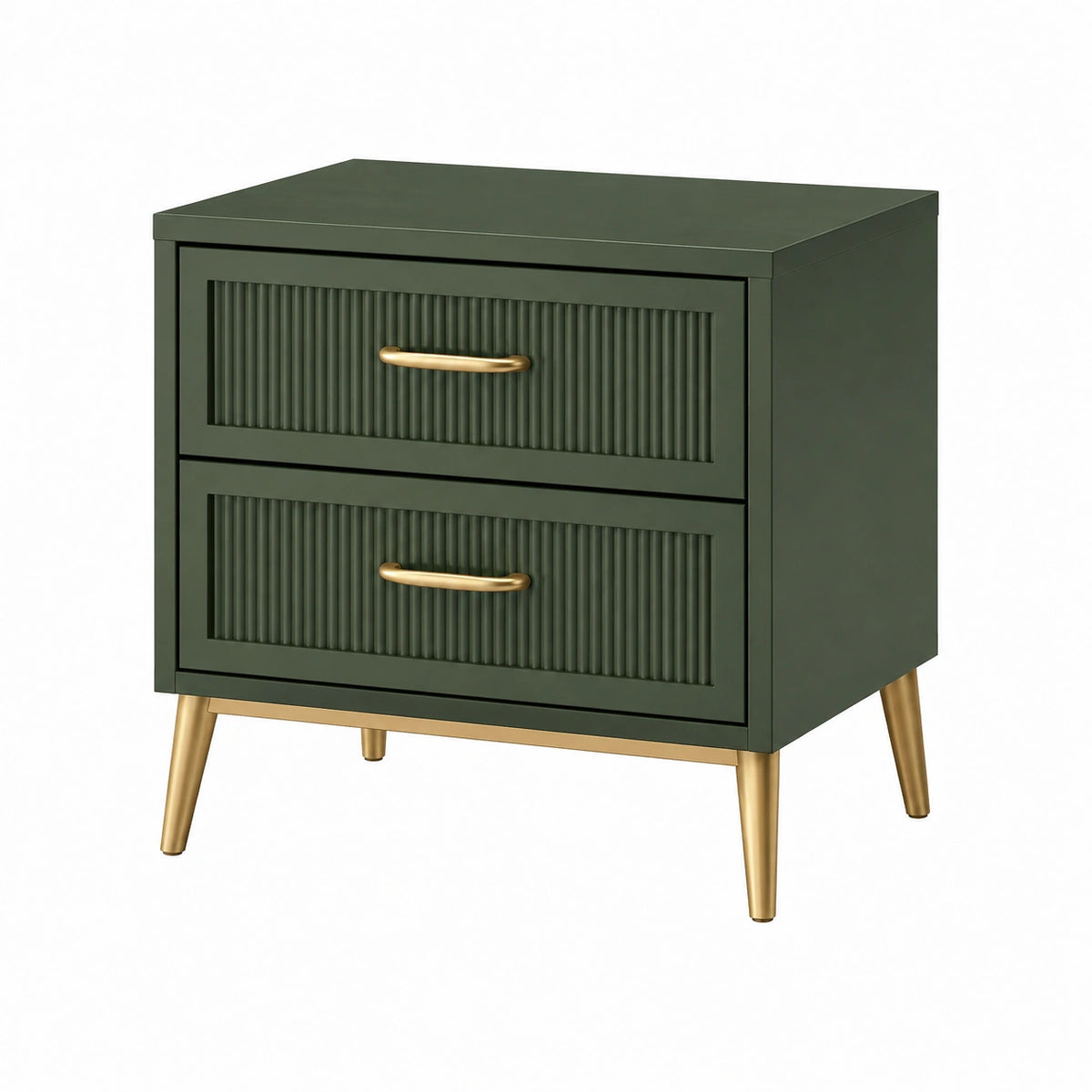 Table de chevet 50 x 40 x 55 cm en panneaux de bois vert foncé et doré à 2 tiroirs style contemporain
