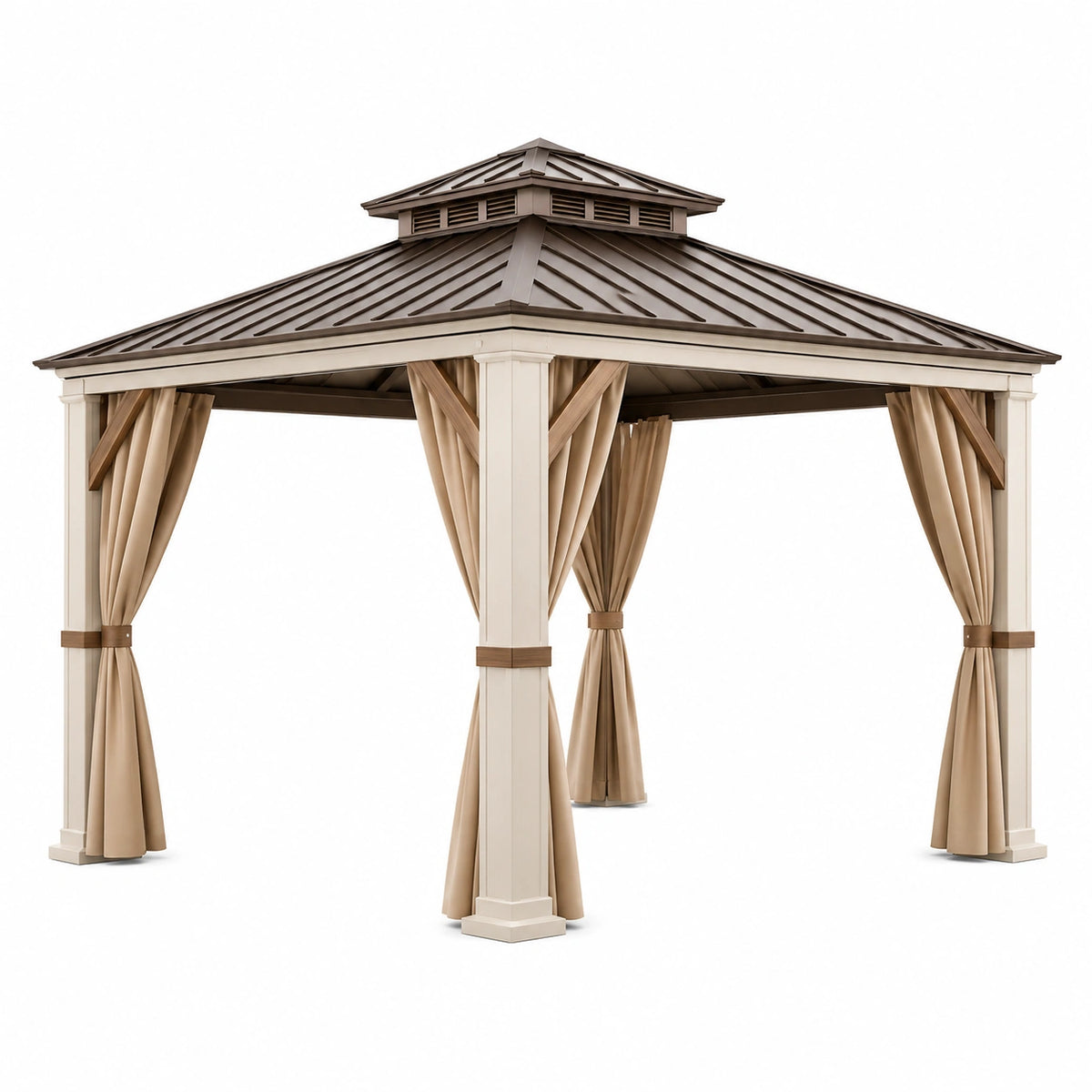 Tonnelle de jardin 300 x 300 x 300 cm en métal beige avec toit marron et rideaux