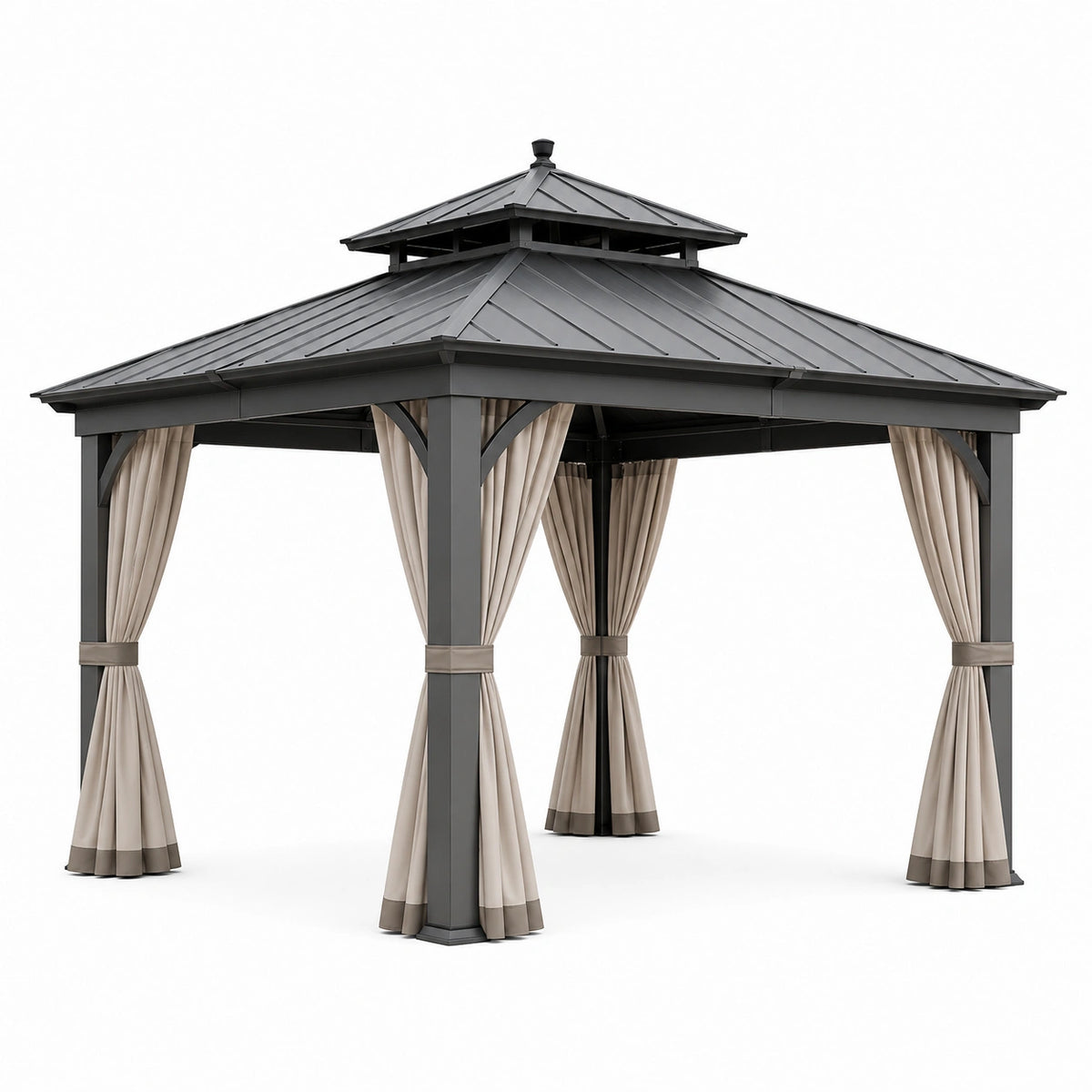 Tonnelle de jardin 300 x 300 x 300 cm en métal anthracite avec rideaux beiges