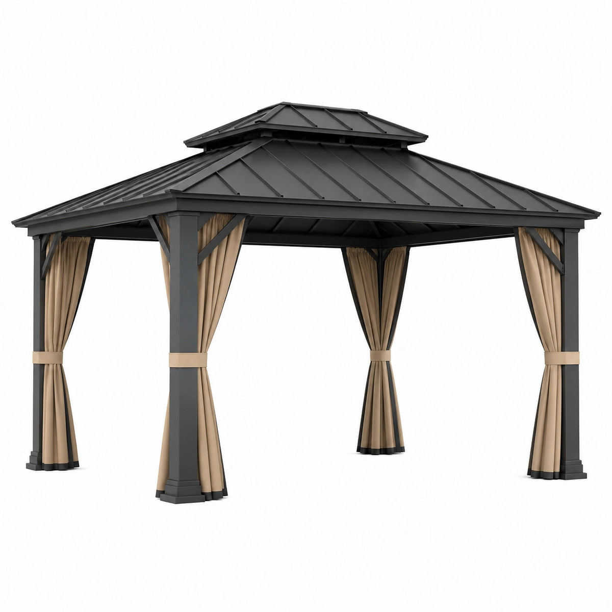 Tonnelle de jardin 300 x 300 cm acier noir avec rideaux pavillon extérieur