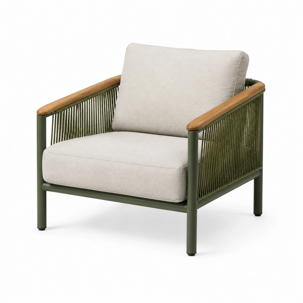 Fauteuil de jardin 75 x 80 x 78 cm métal vert cordage bois et tissu beige style contemporain
