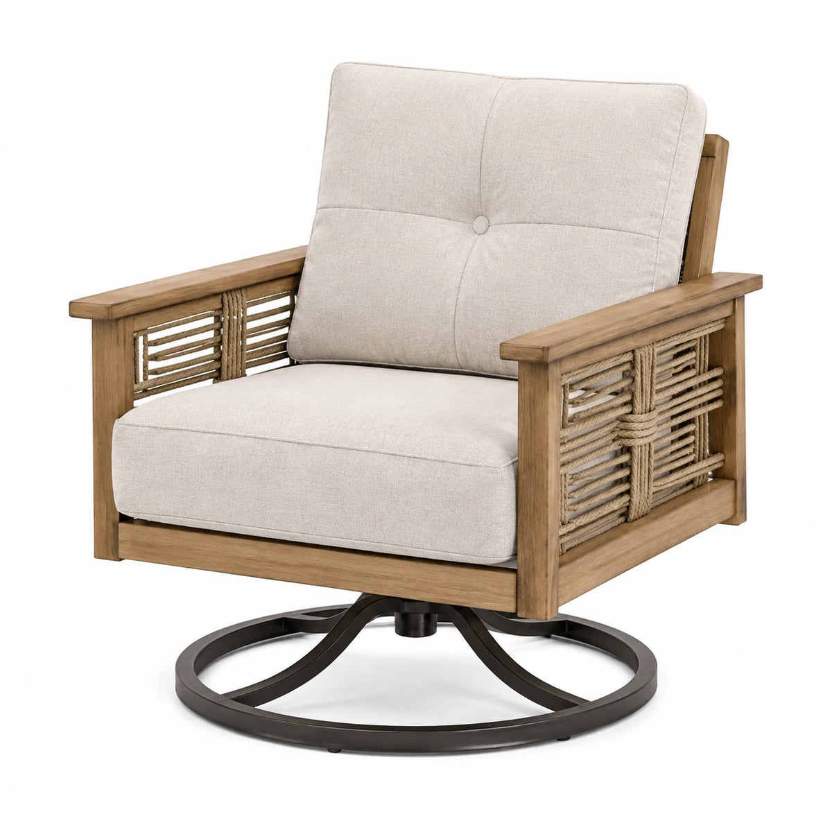 Fauteuil de jardin pivotant 78 x 82 x 88 cm en bois naturel et corde beige