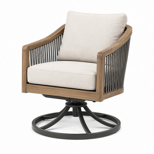 Fauteuil de jardin pivotant 78 x 75 x 88 cm en bois naturel et corde gris beige