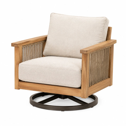 Fauteuil pivotant 80 x 77 x 83 cm en bois naturel et tissu beige - style contemporain pour extérieur