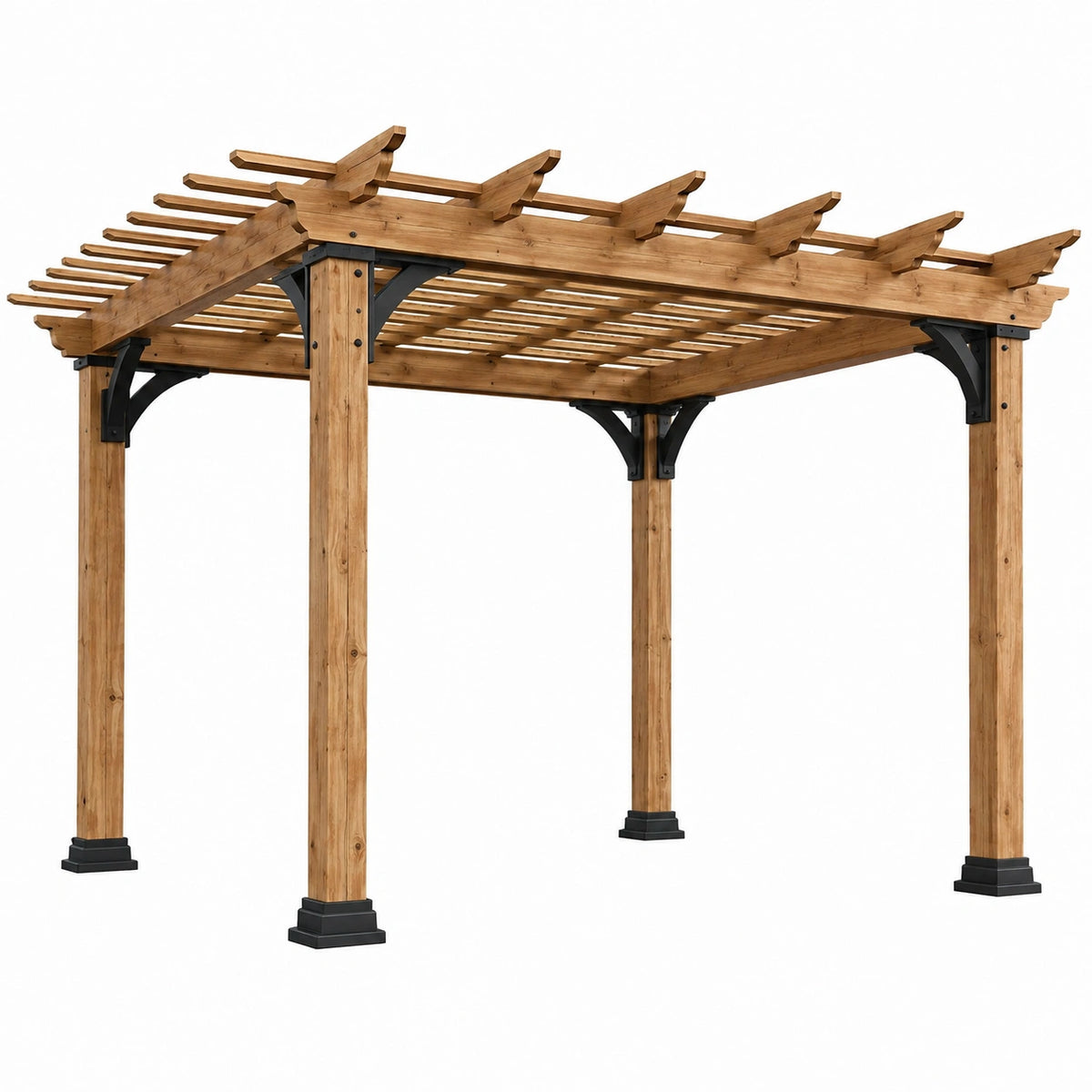 Pergola de jardin 360 x 360 x 250 cm en bois marron avec supports métalliques - structure ajourée