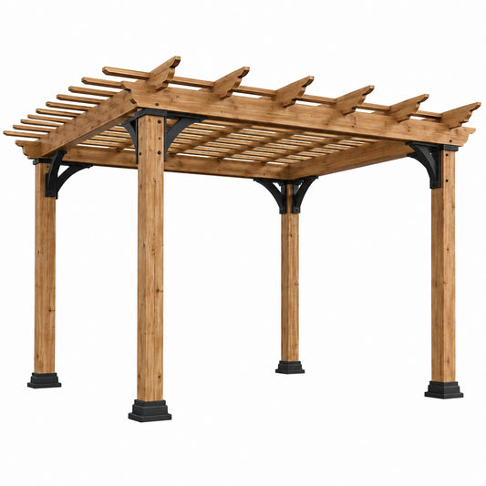 Pergola de jardin 360 x 360 x 250 cm en bois marron avec supports métalliques - structure ajourée