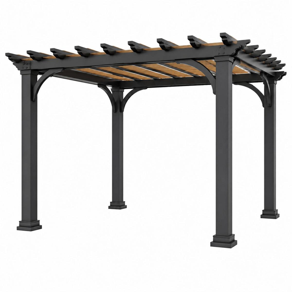 Pergola de jardin 300 x 300 x 250 cm en acier et bois noir/marron - Structure à lames décoratives