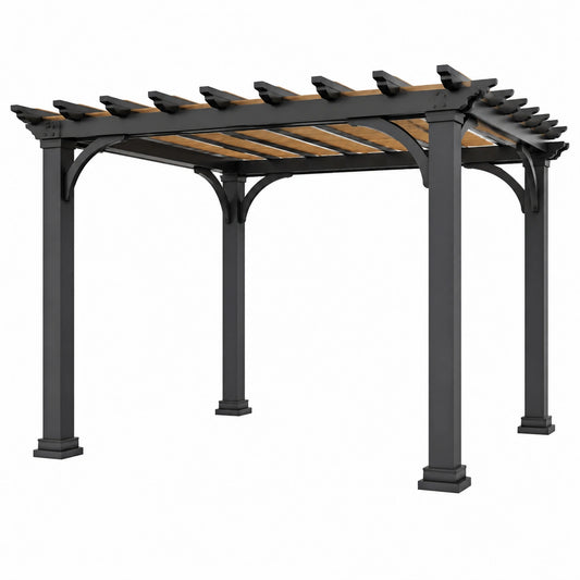 Pergola de jardin 300 x 300 x 250 cm en acier et bois noir/marron - Structure à lames décoratives