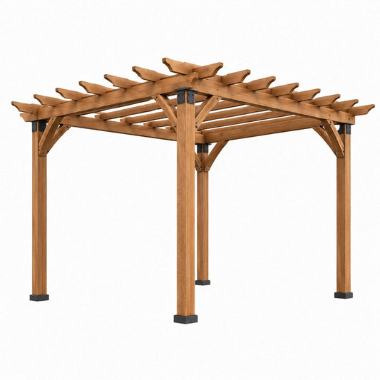 Pergola de jardin 300 x 300 x 240 cm en bois marron style rustique à toiture ajourée