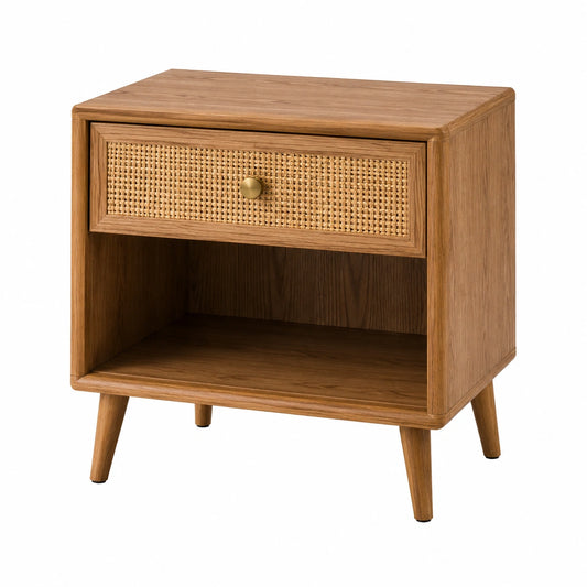 Table de chevet 50 x 40 x 60 cm en bois brun naturel et cannage avec tiroir style rétro