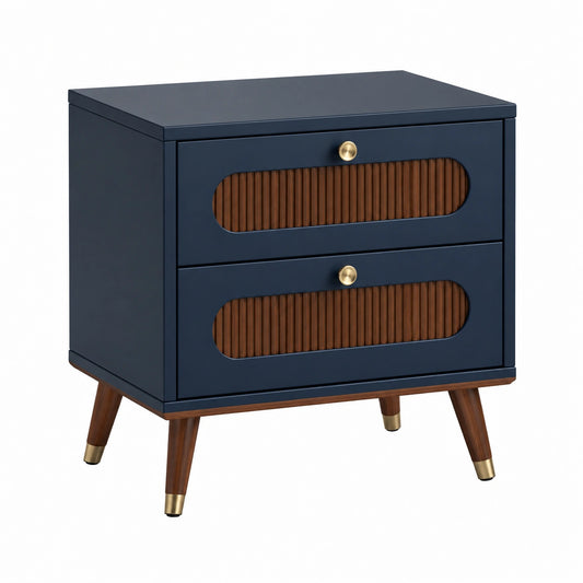Table de chevet 55 x 40 x 60 cm en bois bleu nuit à 2 tiroirs style moderne