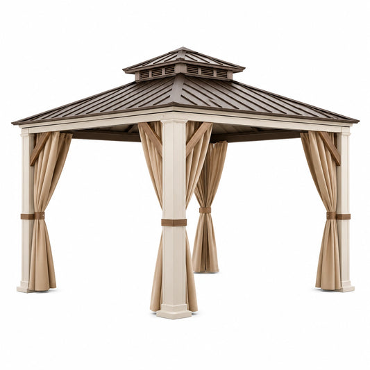 Tonnelle de jardin 300 x 300 x 300 cm en métal beige avec toit marron et rideaux