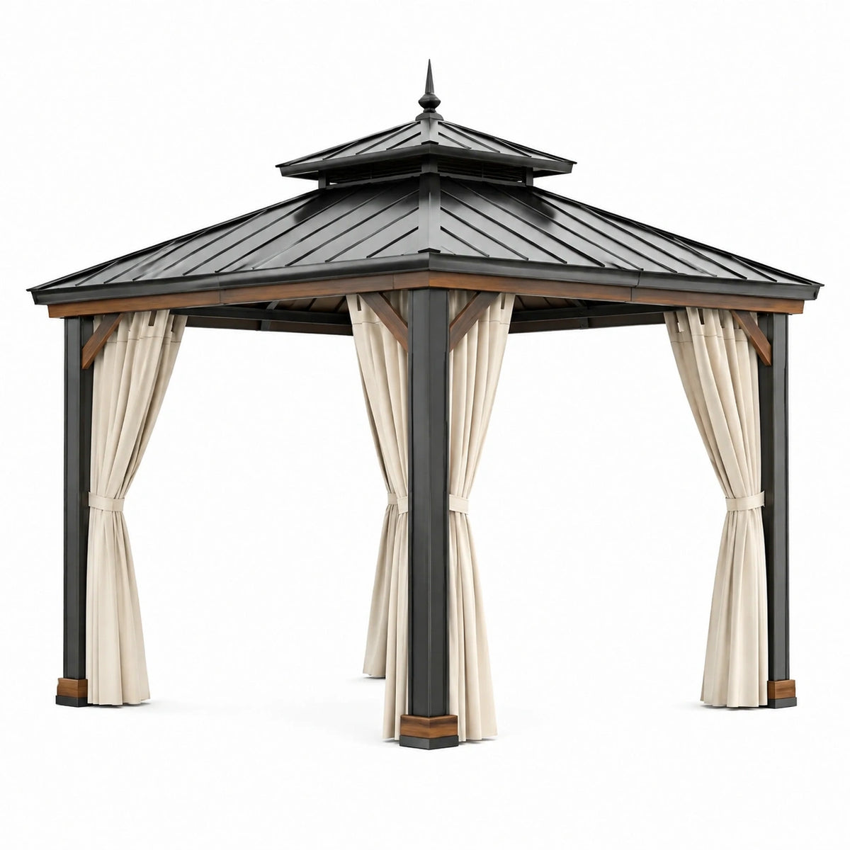 Gazebo de jardin 300 x 300 x 320 cm en acier noir avec rideaux beige style pavillon
