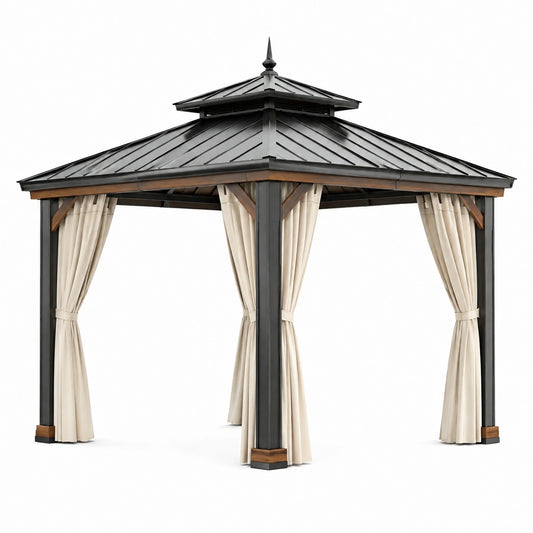 Gazebo de jardin 300 x 300 x 320 cm en acier noir avec rideaux beige style pavillon