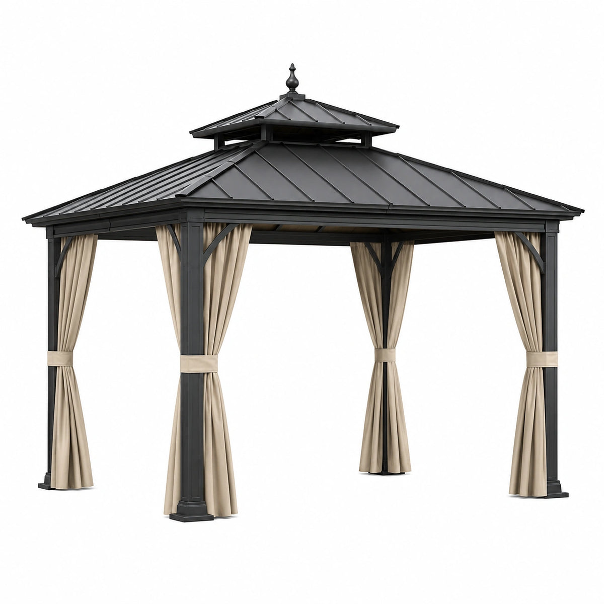 Tonnelle de jardin 300 x 300 x 300 cm en métal noir avec rideaux beiges style pavillon