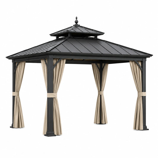 Tonnelle de jardin 300 x 300 x 300 cm en métal noir avec rideaux beiges style pavillon