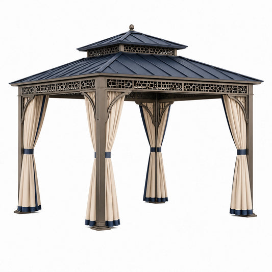 Pavillon de jardin 300 x 300 cm en métal gris taupe avec rideaux écrus style classique