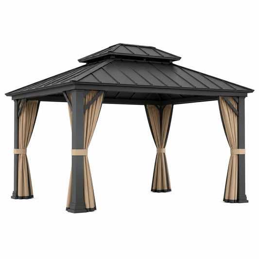 Tonnelle de jardin 300 x 300 cm acier noir avec rideaux pavillon extérieur