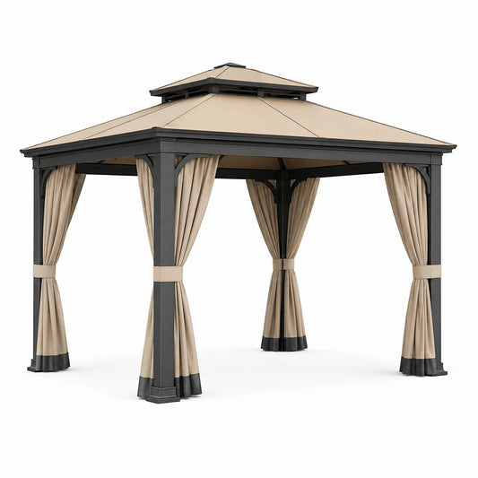 Tonnelle de jardin 300 x 300 cm en métal noir et textile beige avec rideaux